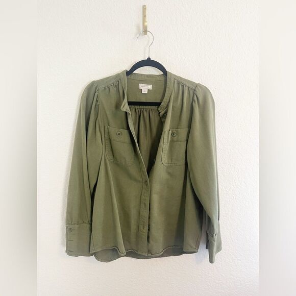 J. Crew Point Sur Olive Green puff sleeve Button Down Twill Shacket Blouse small - Picture 3 of 5